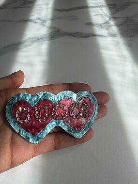 Gucci Pink and Teal Heart Logo Crystal Hair Clip